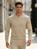 American-style Heavyweight Men's Knit Vintage Stretch Textured Pattern Casual Loose Fit Versatile Commuter Long-Sleeve Henley Shirt - Khaki