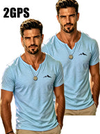 Men's Summer Small V-Neck Short-Sleeve Soft Versatile Basic T-Shirt 2pcs - Blue + Blue 7