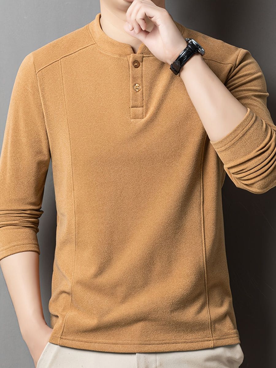 Men's Henley Neck Long Sleeve Base Layer Shirt, Slim Fit but Not Tight, Suitable for Middle-Aged Men, with a Light Business-Casual Vibe. -SINBOS - Yellow