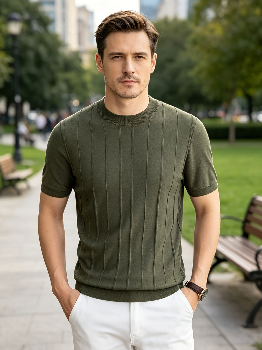 2026 Summer New Laysier And Linen Men'S Textured Vertical Pock-Dot Knit Short Sleeve Light Business Gentleman All-Match Round Neck Solid Color Casual T-Shirt - Olive Green