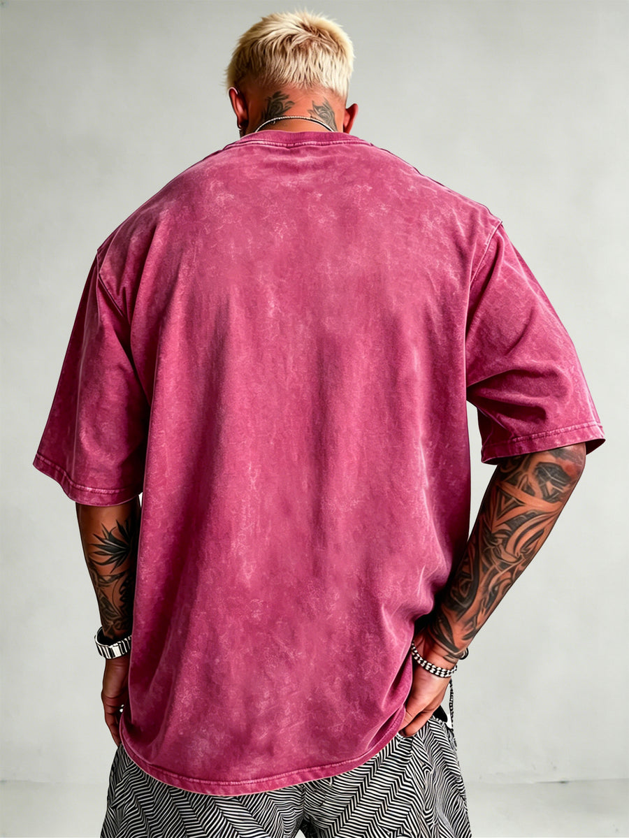 Men's Heavyweight Short Sleeve Washed Vintage Fashion Print Retro Acid Wash Distressed Design Street Trendy Breathable Heavyweight Fabric Hip Hop Gym Athletic Tee 2026 Summer - Rose Red