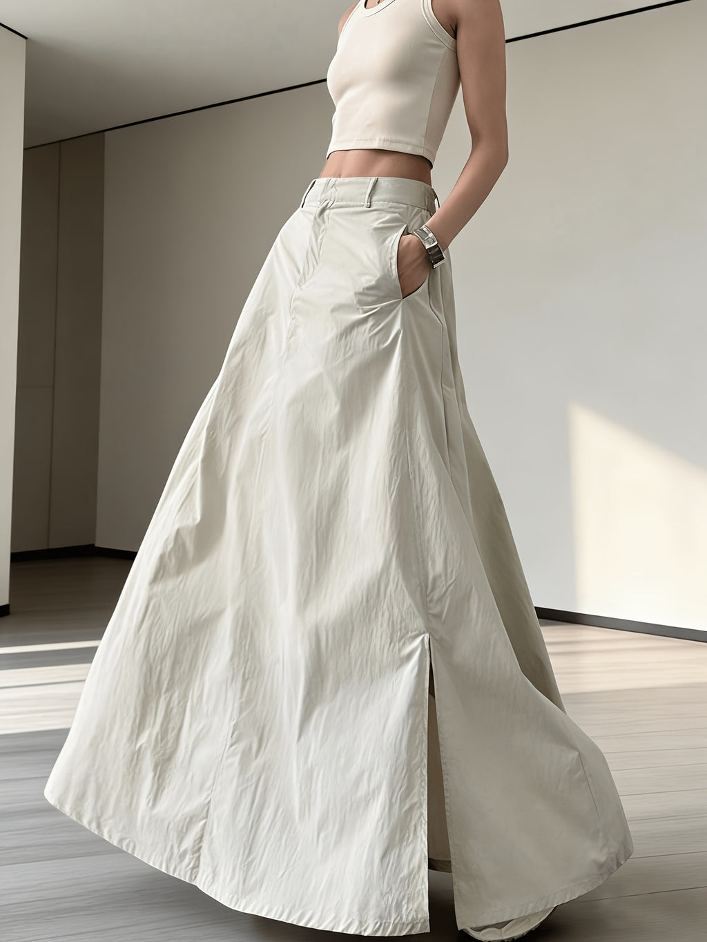 American Workwear Skirt Women'S 2025 New High-Waist Vintage Side Pleat Design A-Line Butt-Hugging Long Dress - Champagne