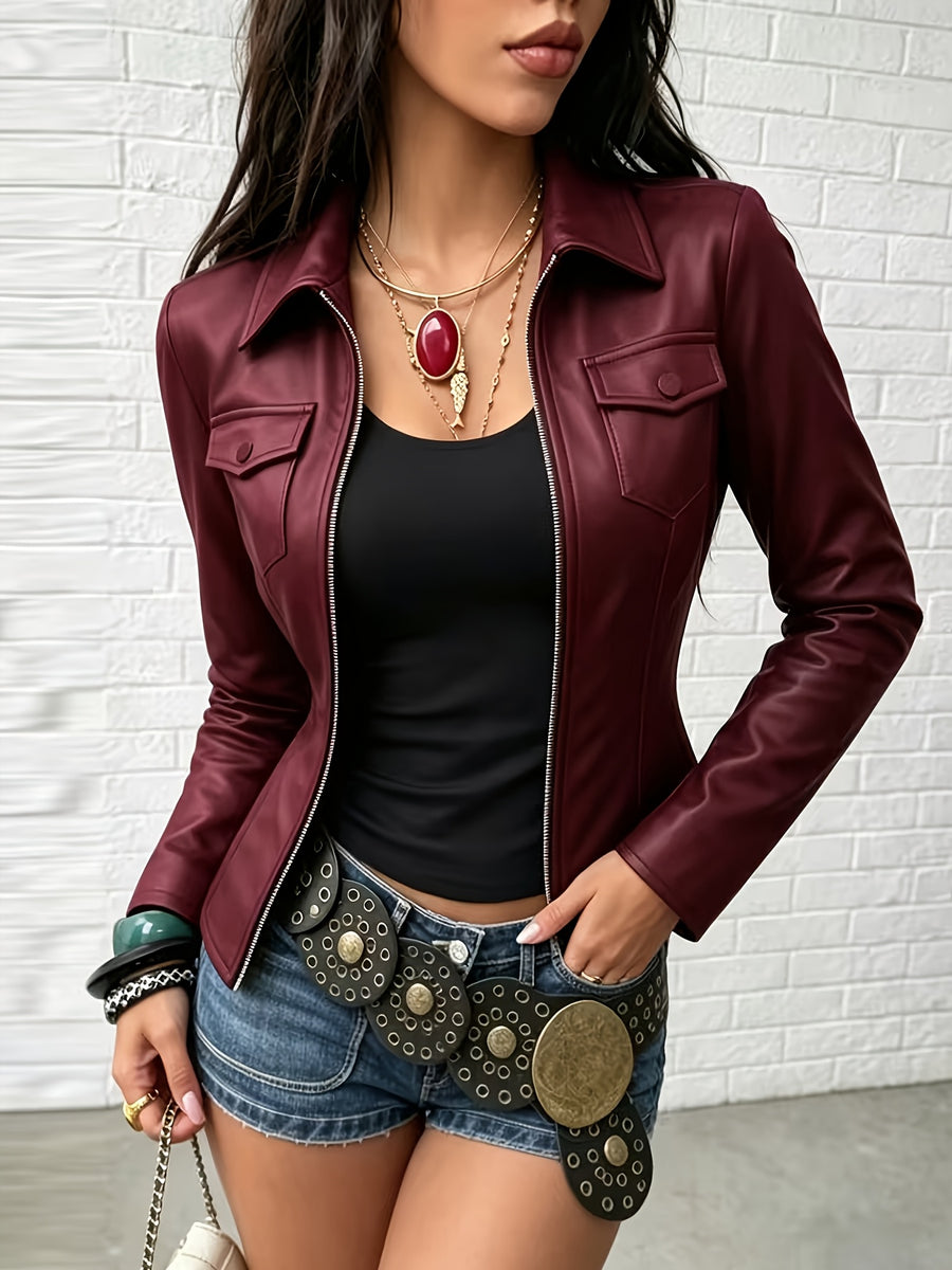 Women'S Elegant Fashion Casual Solid Color Zipper PU Jacket Slim Fit Short Jacket Top - Burgundy