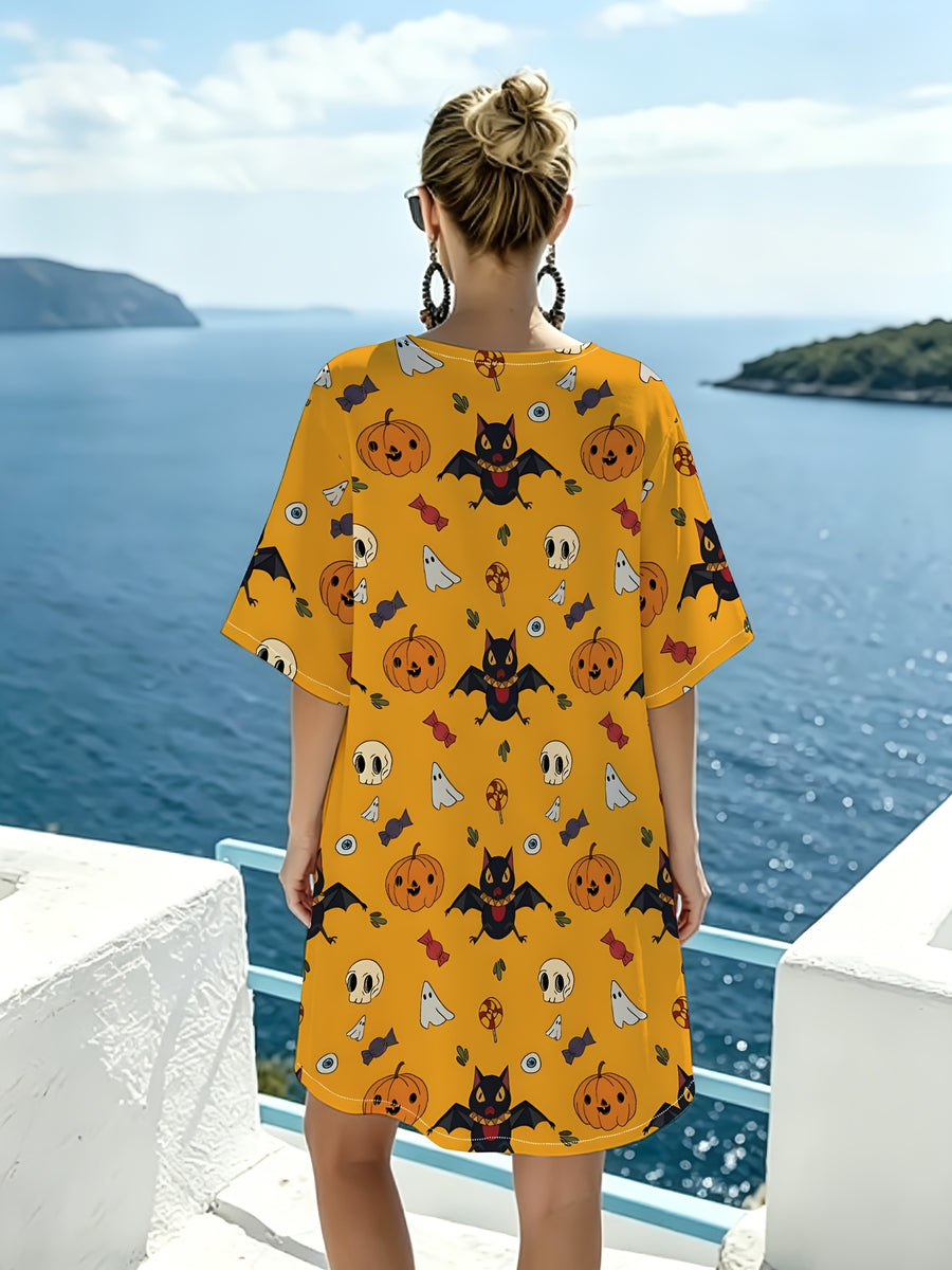 Warm Yellow Halloween Cartoon-themed V-neck Casual Dress, Featuring a Playful and Whimsical Print Combining Pumpkins, Candies, Bats, and Ghosts. The Loose-fit Design with Dropped Shoulders and Short Sleeves Offers Great Figure-flattering Versatility. - Mixed colors