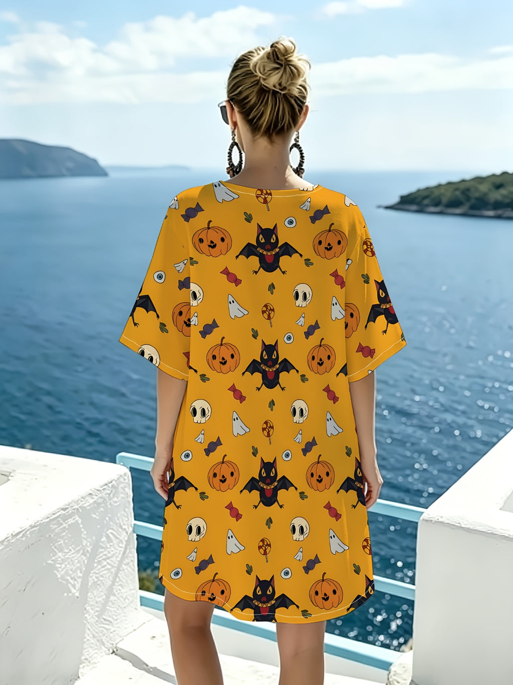 Warm Yellow Halloween Cartoon-themed V-neck Casual Dress, Featuring a Playful and Whimsical Print Combining Pumpkins, Candies, Bats, and Ghosts. The Loose-fit Design with Dropped Shoulders and Short Sleeves Offers Great Figure-flattering Versatility. - Mixed colors