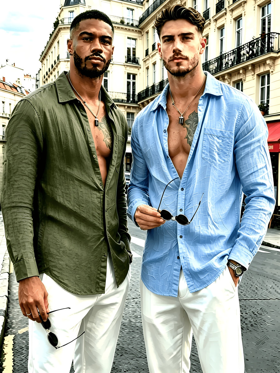 Men's 2pcs Linen Long Sleeve Lapel Shirt, Wrinkle-Resistant, Breathable, Lightweight Pointed Collar Casual Shirt, Chest Pocket Design, Full Button-Front, Loose and Comfortable Fit, Skin-Friendly Soft Quick-Drying Fabric, Solid Color Men's Business - Green+Blue