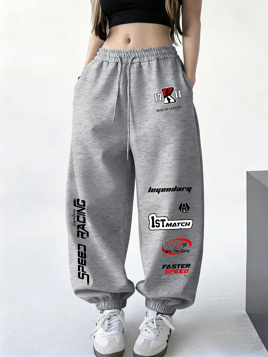 Women's Drawstring Sweatpants, Y2K Solid Color Printed Long Pants, Elastic Waist Cuffed Joggers, Casual Fashionable and Elegant Versatile Commuter Pants, 2026 New Style, Suitable for Spring, Cycling, and Outdoor - Light Grey
