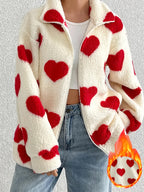 Women'S Winter Coat - Red Heart Print Fleece Jacket, Long Sleeve Zippered Coat, Machine Washable for Casual And Formal Occasions, Women'S Warm Winter Wear - Multicolor