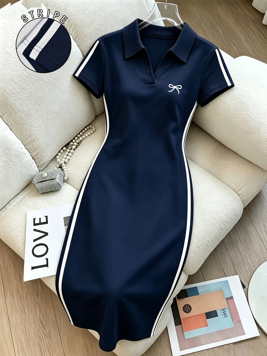Ladies Bow Print Side Stripe Polo Collar Dress, Slim Fit Hip Wrap Dress for Summer - Navy Color