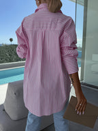 Women's Casual Loose-Fit Striped Shirt for Vacation - Pink