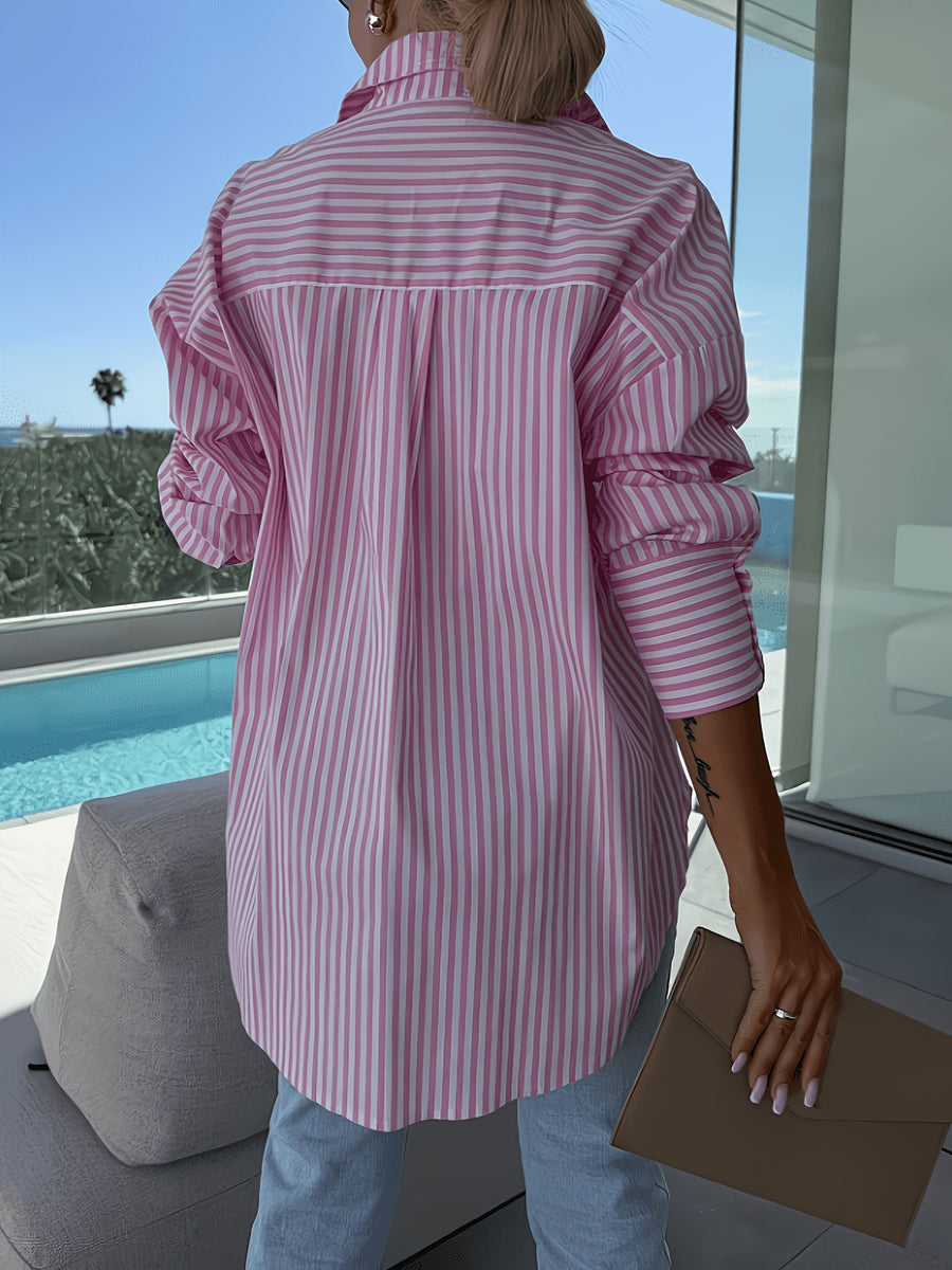 Women's Casual Loose-Fit Striped Shirt for Vacation - Pink