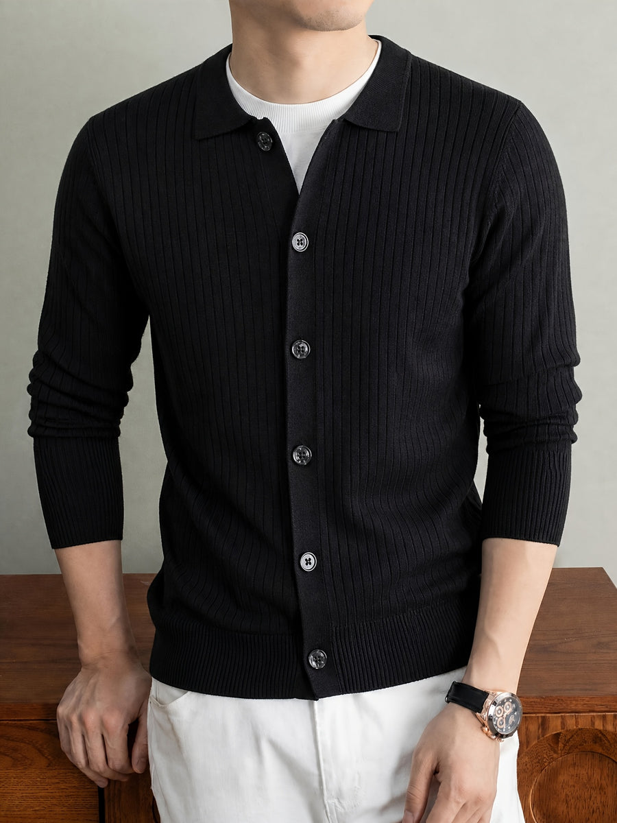 Men's Thick Knit Cardigan for Autumn & Winter, Classic Polo Collar, Solid & Striped Minimal Design, Old Money Style Warm Soft Sweater, Ideal Gift for Dad - Black