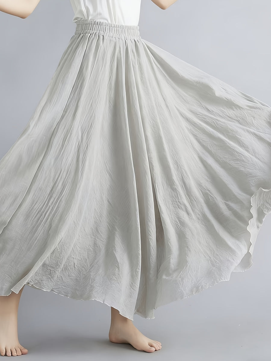 Solid Color Ethnic Style Literary Double-Layer Non-See-Through Midi Skirt for Women, Spring Summer Autumn Zen Style Long Dress with Wide Hem, High Waist Flowy - Light Gray.