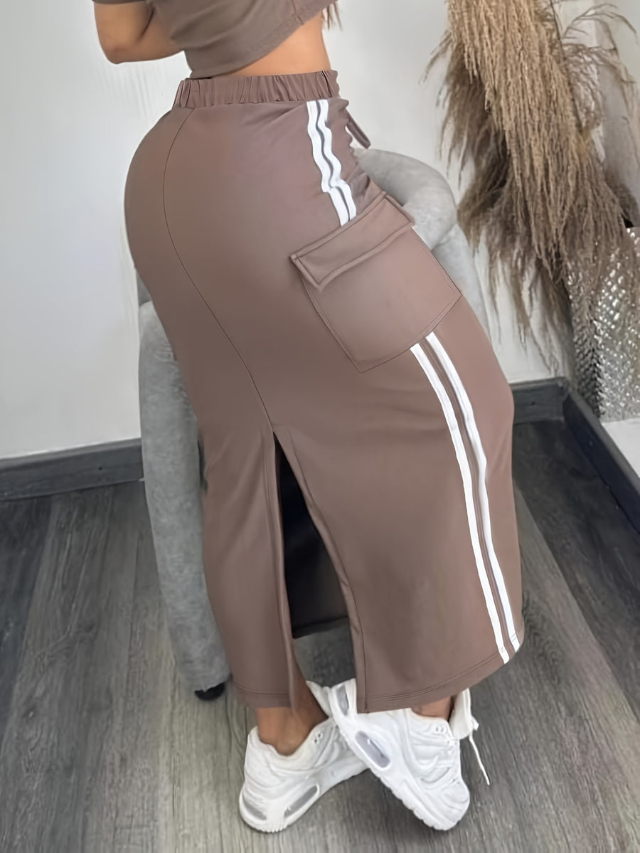Casual Side-Panel Double-Bar Back-Slit Half Skirt - Camel