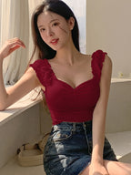 Women's Sexy Fresh Elastic Ruffle Strap Design Chest Elastic Fashion Ruched Tank Top - Burgundy