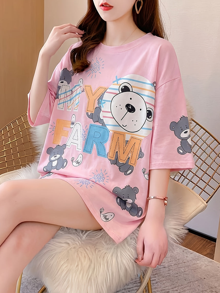 Summer New Large Size Loose Fashion Trend Slim Cartoon Round Neck Print Ladies Women's Medium and Long Short-sleeved T-shirt Clothes - K45-F
