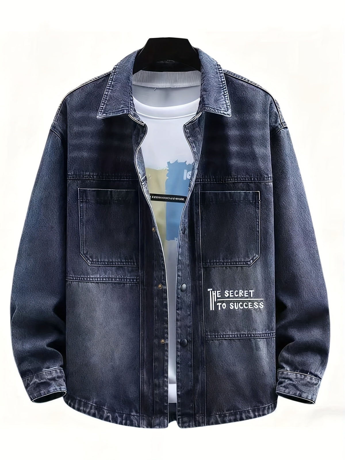 Men'S Casual Denim Shirt, Suitable for All Seasons, Machine Washable, Perfect for Outings with a Collegiate Style, Available in Adult Sizes - Peacock Blue