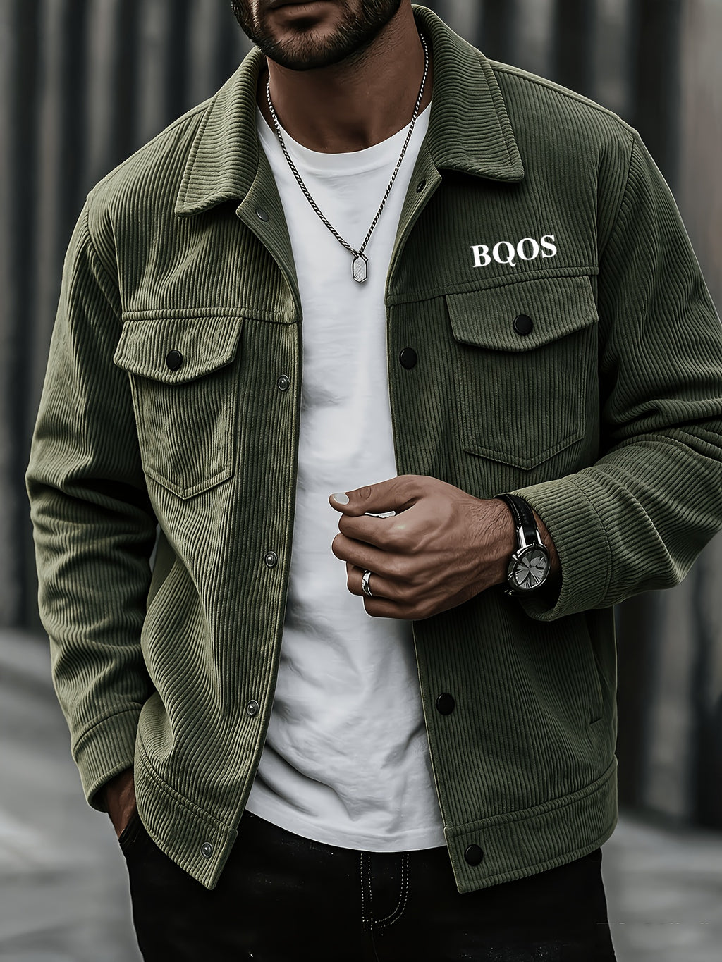 Men's American-style Corduroy Casual Jacket, Simple Casual Style, Lapel Collar, Single-Breasted with Multiple Pockets, Letter Embellishment, Comfortable Draping Fabric, Versatile Men's Apparel for Office Workers' Commuting and Outings in Spring - fern green