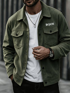 Men's American-style Corduroy Casual Jacket, Simple Casual Style, Lapel Collar, Single-Breasted with Multiple Pockets, Letter Embellishment, Comfortable Draping Fabric, Versatile Men's Apparel for Office Workers' Commuting and Outings in Spring - fern green
