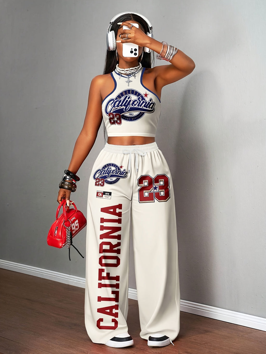 A Two-Piece Set for Women Consisting of a Casual Tank Top And Long Pants, Featuring a Regular Fit, Printed with The Number '23' And Letter Patterns, Using Digital Printing Technology, Stylish And Comfortable, Perfect for Everyday Wear - Apricot