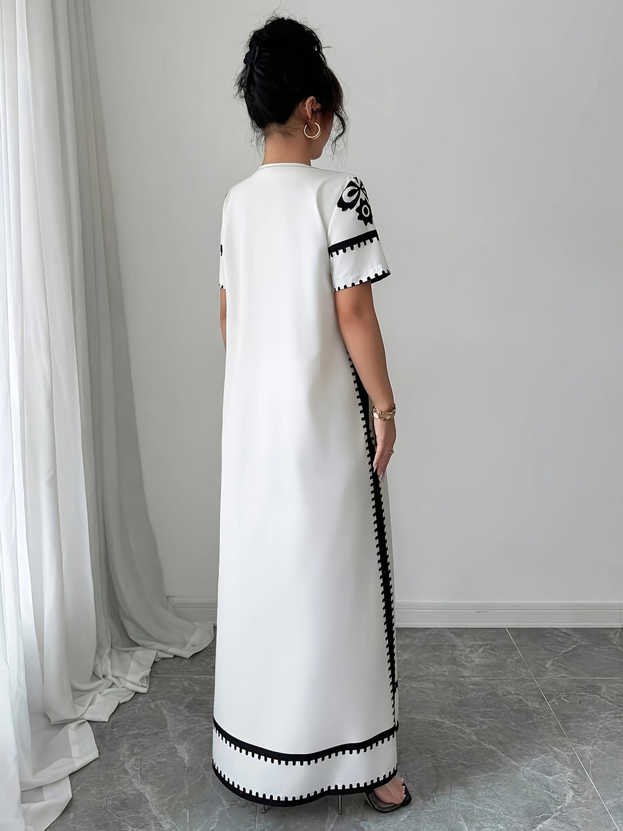 Middle Eastern Ramadan Themed Elegant Spring And Summer Party Dress with a V-Neck Short Sleeves And Paisley Print - Light White+Black Color