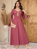 Women's Elegant Arabic Style -Line Maxi Dress with Lace Bell Sleeves & Round Neck - Solid Color Suitable for Weddings, Parties, Special Occasions, Spring Summer Fall Dresses - The color of rouge