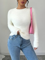 Elegant Women'S Autumn Winter Round Neck Faux Fox Pullover - White