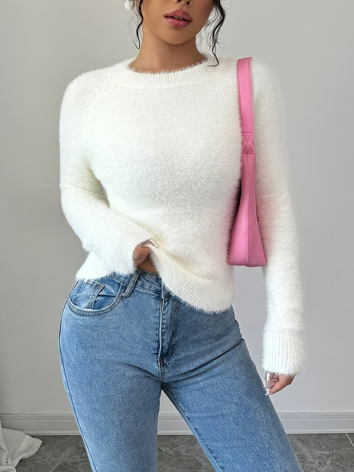 Elegant Women'S Autumn Winter Round Neck Faux Fox Pullover - White