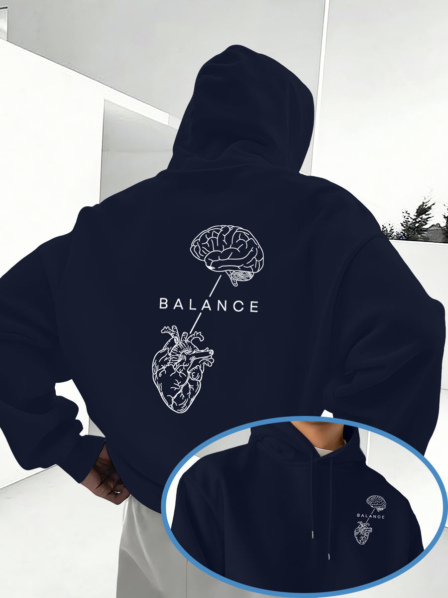 Minimalist Trendy Unisex Hoodie with Brain And Heart Balance Print - Navy Color