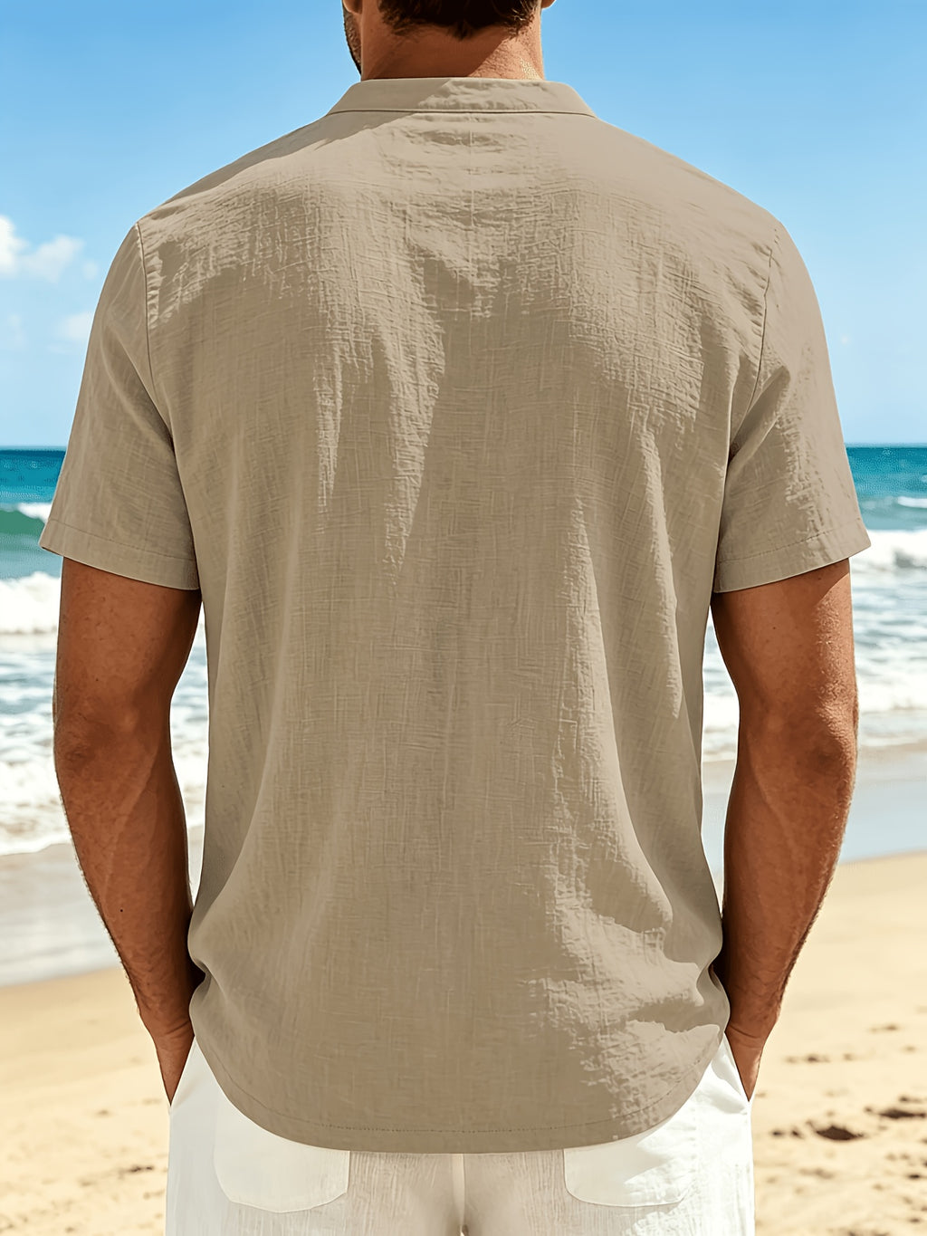 Men's Woven Short-sleeve Henley Shirt, a Breathable and Lightweight Casual Short-sleeve T-shirt Made of Solid-color Breathable Fabric with a V-neck Design, Suitable for Daily Outdoor and Beach Wear in Summer - Khaki