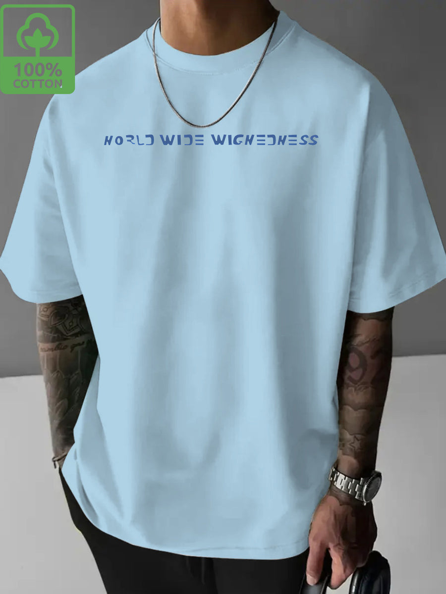Dark Blue Washed Men'S Casual Short-Sleeved Easy Print Fashion Sports Trendy Versatile Half-Sleeve Breathable T-Shirt Comfortable Home Base Shirt - Light Blue