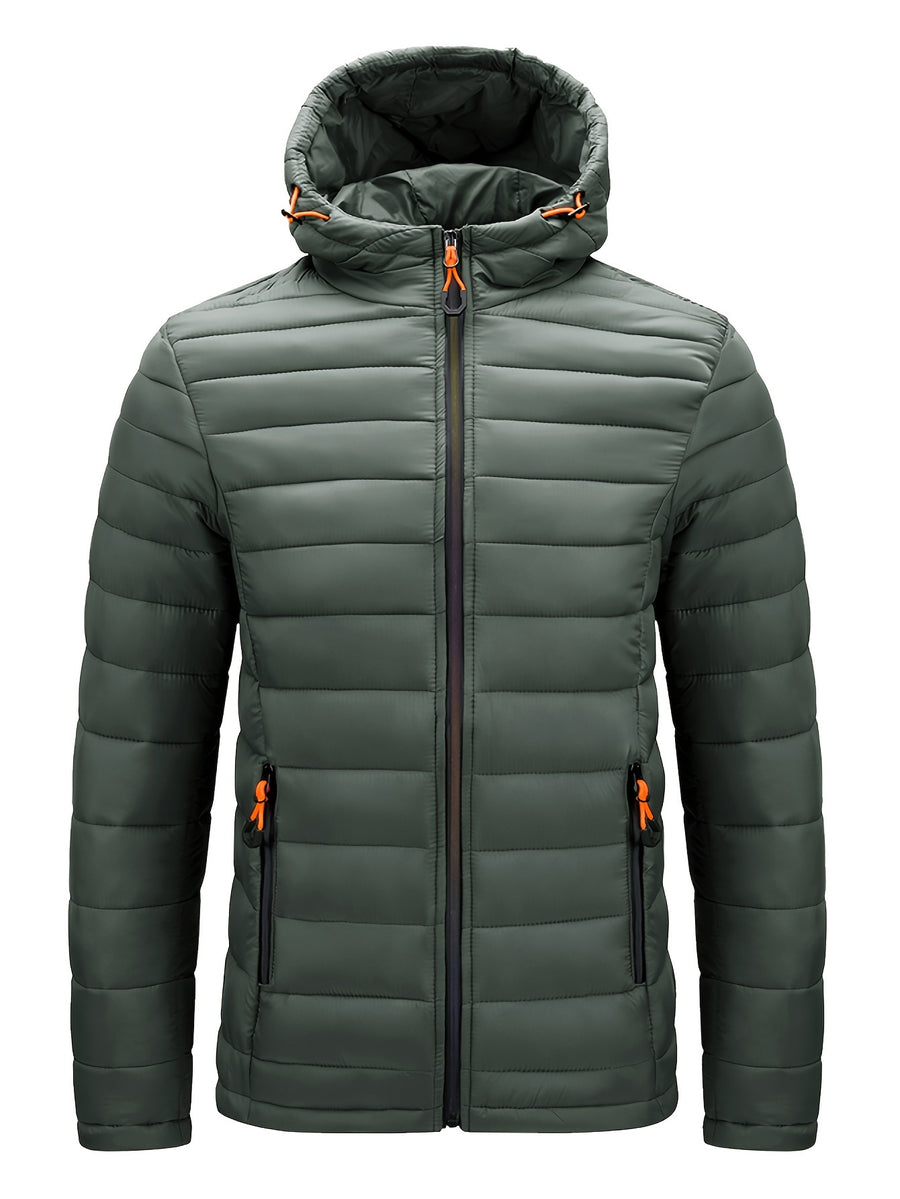 Men's Winter Padded Coat, Hooded Padded Top, Warm Quilted Jacket with Colorful Zipper Pockets - fern green