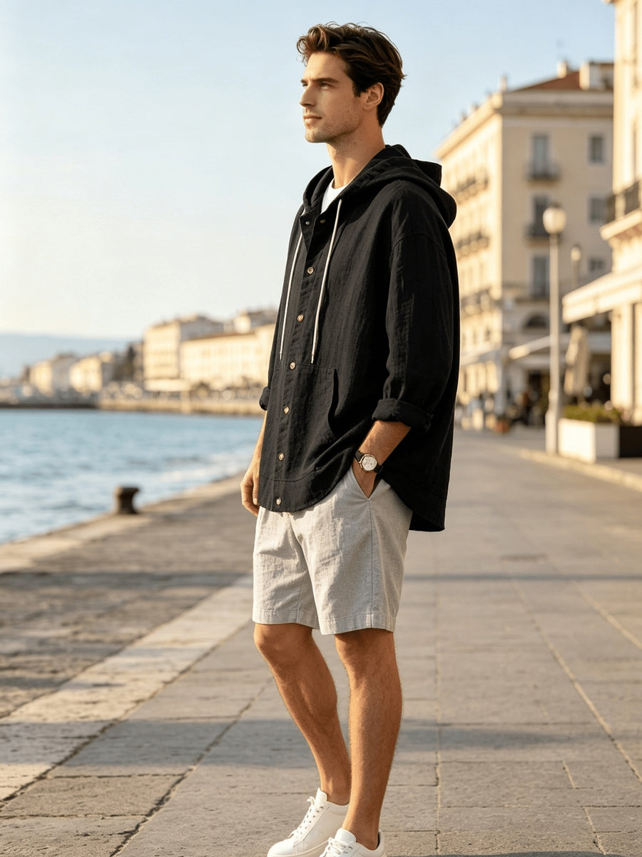 2026 New Men's Hooded Shirt, Soft and Breathable Linen Fabric, for Vacation, Travel, Leisure, Outdoor Fishing, and Beach - Black