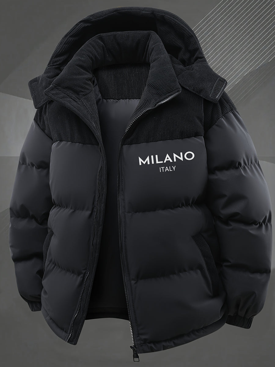 2025 New Winter Removable Hood Jacket Men'S Casual Print Hooded Coat Thickened Trendy Top Outerwear Men - Black
