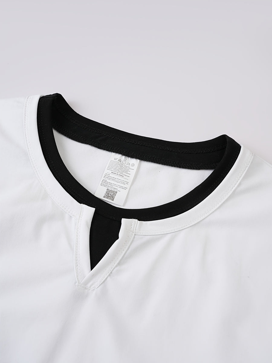 American-style Minimalist Color-Block White-Trimmed Henley Shirt for Men, Versatile Commuting Breathable Thin Short-Sleeve Base Layer Top, Summer Color-Block V-Neck Solid Color T-Shirt, Casual Short Sleeve - White