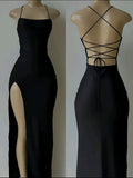 Elegant Fashionable Women'S Slim-Fit Backless Long Dress | Sexy Strappy High Slit, Solid Black Party Style Dress for Spring/Summer - Black