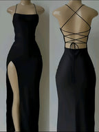 Elegant Fashionable Women'S Slim-Fit Backless Long Dress | Sexy Strappy High Slit, Solid Black Party Style Dress for Spring/Summer - Black