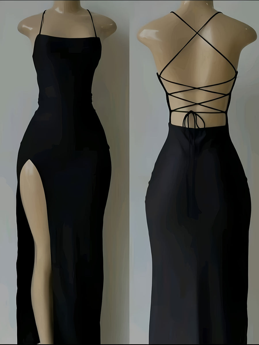 Elegant Fashionable Women'S Slim-Fit Backless Long Dress | Sexy Strappy High Slit, Solid Black Party Style Dress for Spring/Summer - Black
