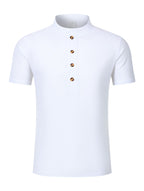 Men's Mountain Graphic Short Sleeve Henley Shirt, Mandarin Collar Half Placket Button Casual T-Shirt, Lightweight And Linen Blend Texture Summer Beach Tops - White