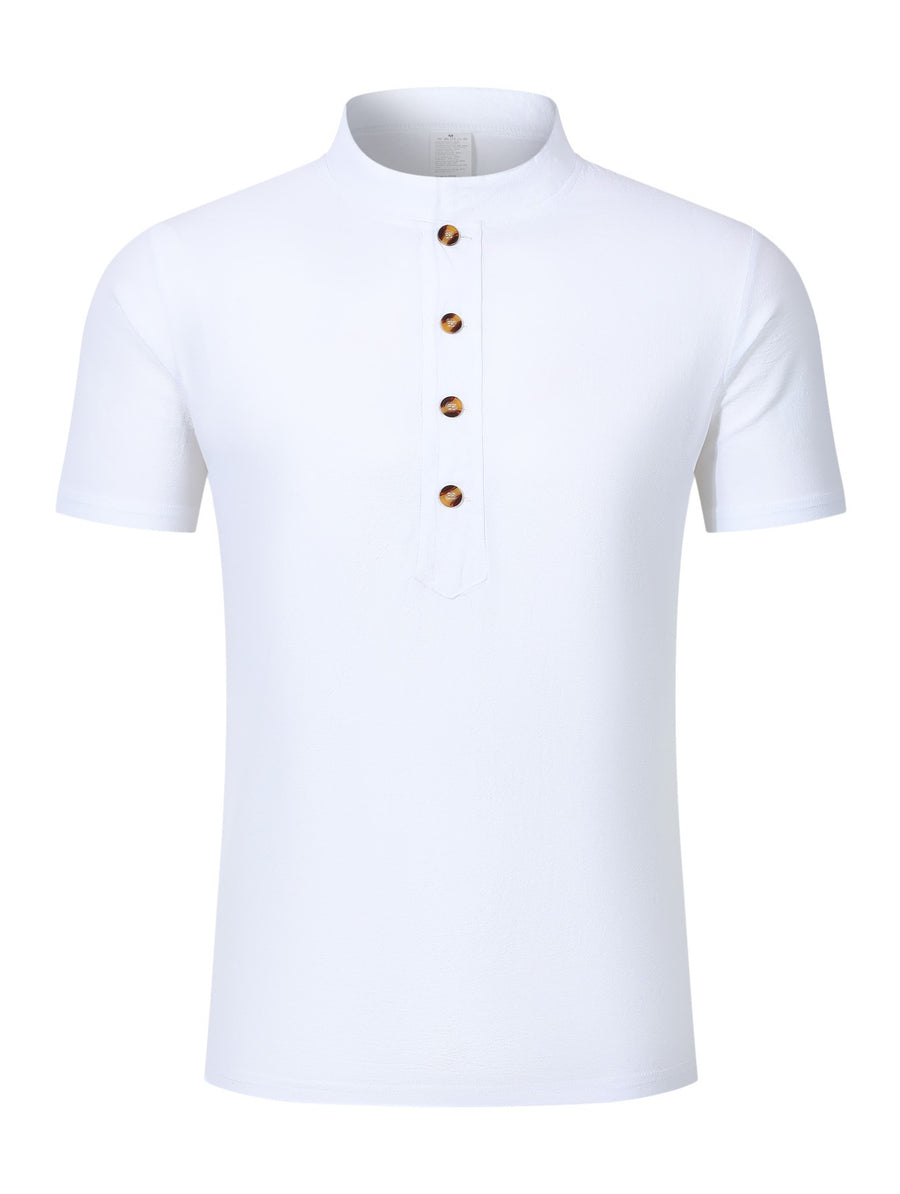 Men's Mountain Graphic Short Sleeve Henley Shirt, Mandarin Collar Half Placket Button Casual T-Shirt, Lightweight And Linen Blend Texture Summer Beach Tops - White