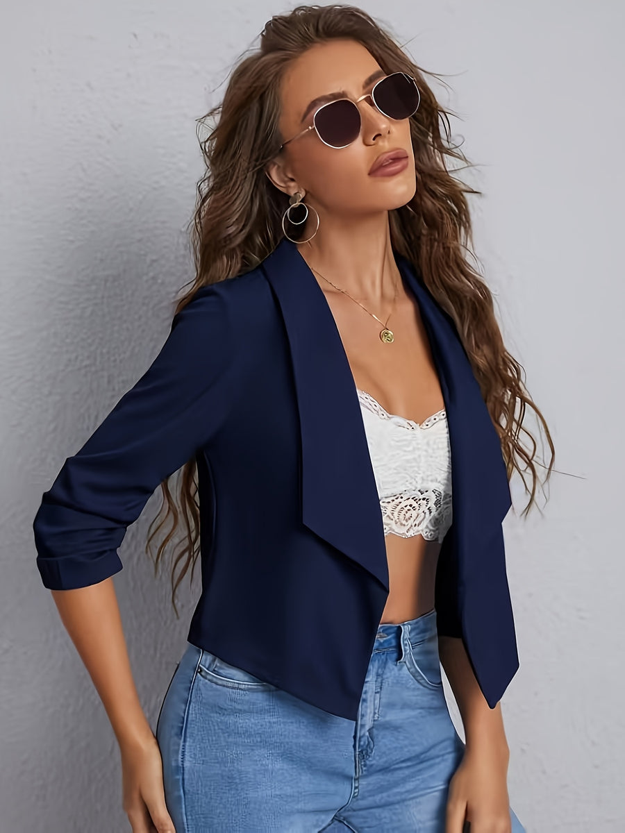 Women's Cropped Lapel Blazer, Navy Blue Three-Quarter Sleeve Cardigan, Versatile High-Waist Outerwear Suit Top for Commuting, Buttonless Open Front Style for Easy Wearing and Versatile Layering with Various Inner Outfits - Navy Color