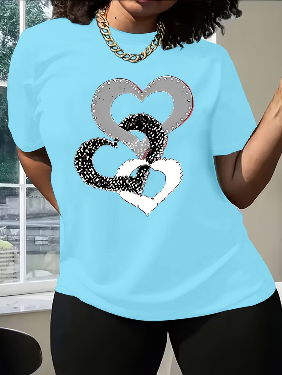 2025 Spring/Summer New Women's Short-Sleeve Top, Simple and Stylish Love Ring Pattern Print, Versatile Daily Wear Round Neck T-Shirt, Circle Pattern - Sky Blue
