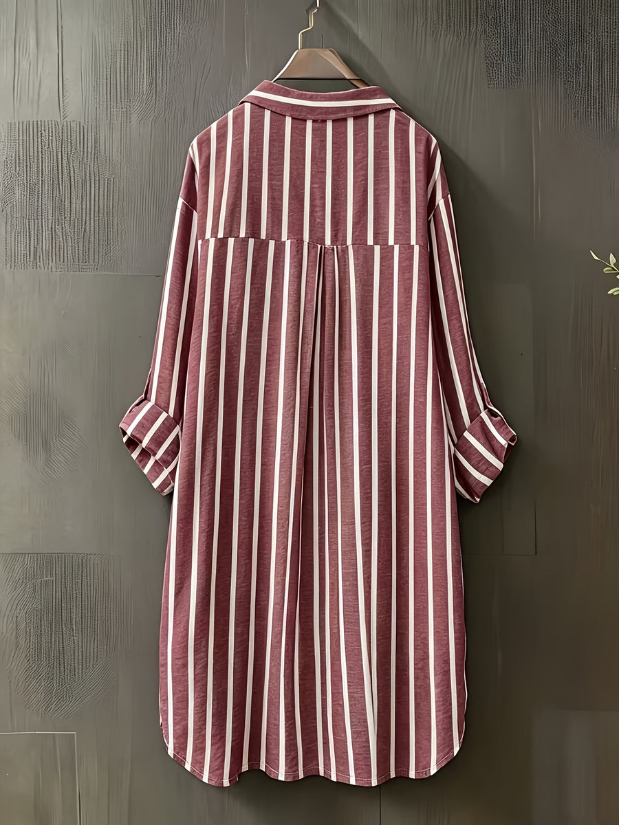 Targeted Development Women'S Long Sleeve Casual Striped Shirt, Suitable for Spring And Autumn - Red And White