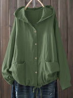 New Fashionable Solid Color Simple and Elegant Women's Hooded Jacket with Pockets - Olive Green