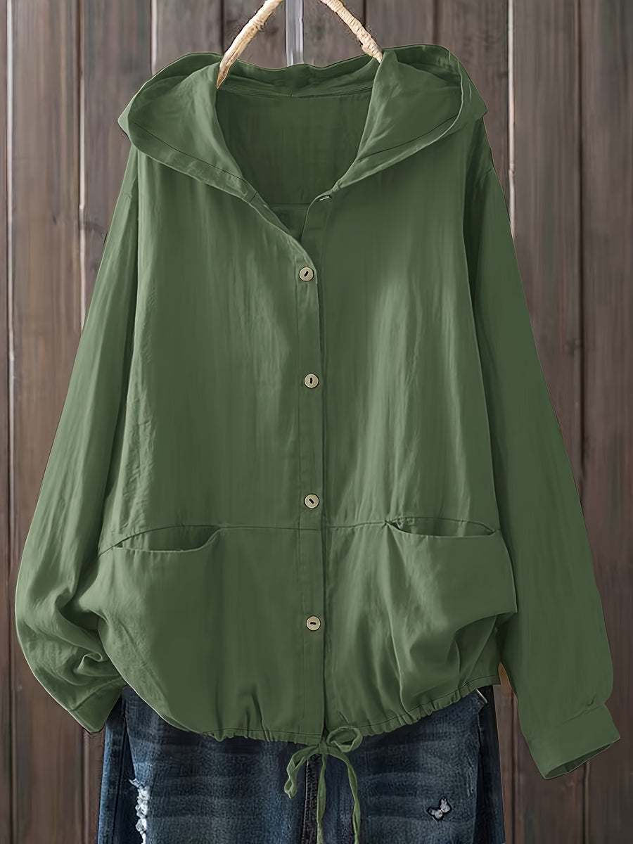 New Fashionable Solid Color Simple and Elegant Women's Hooded Jacket with Pockets - Olive Green