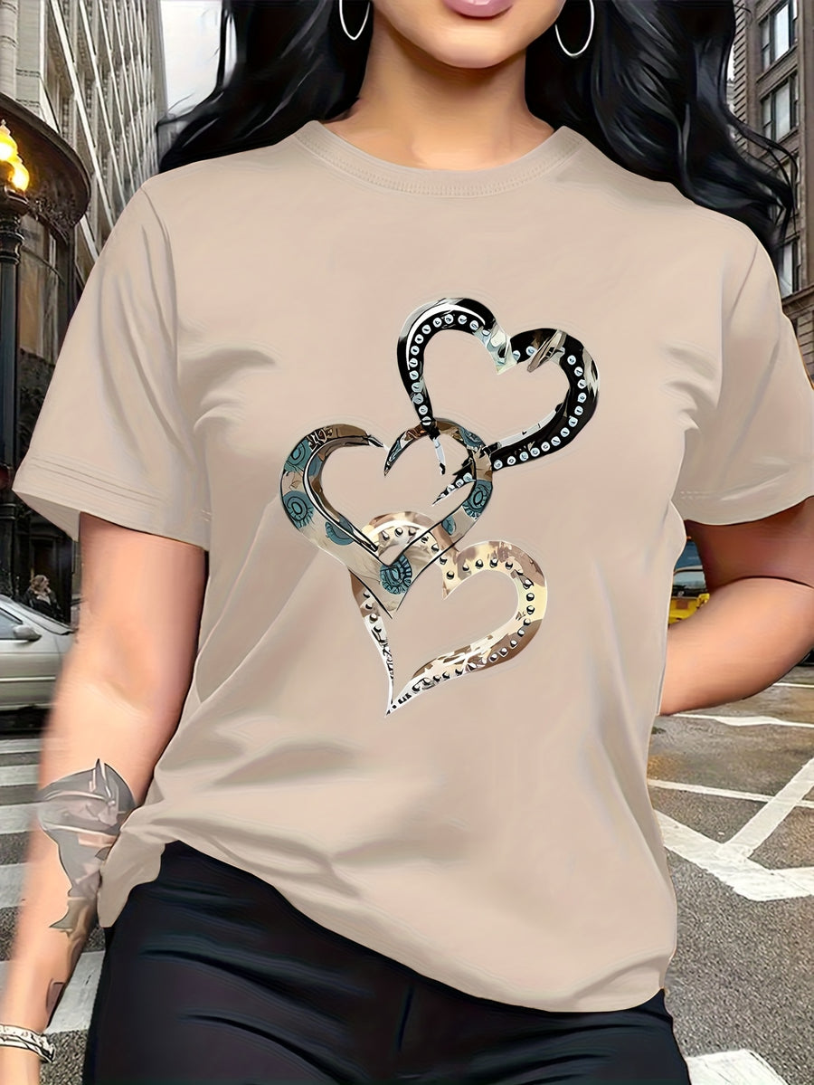 Emotion and Love" Representative, Metallic Art Heart Print Trendy Fashion, Simple Round Neck Casual Versatile Short Sleeve Women's T-Shirt for Leisure, Travel, and Vacation - Apricot