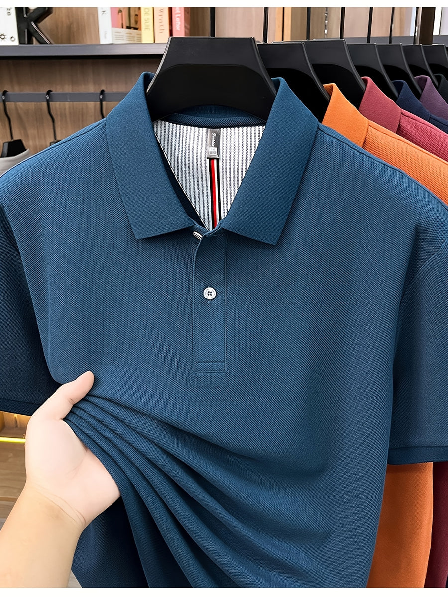Men's Multi-Color Summer Pearl-Spun Mesh Long-Sleeve Polo Shirt with Contrast Lining and Lapel, Solid Color Simple Design, Skin-Friendly and Breathable, for Business Commuting, Daily Outings, Fishing Leisure, Mid-Life Men's Top - Lake Blue