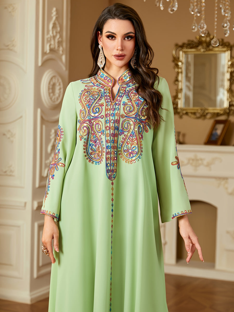 Middle Eastern Ramadan Fashion Beaded Rope Embroidery V-Neck Long Sleeve Dress - Green