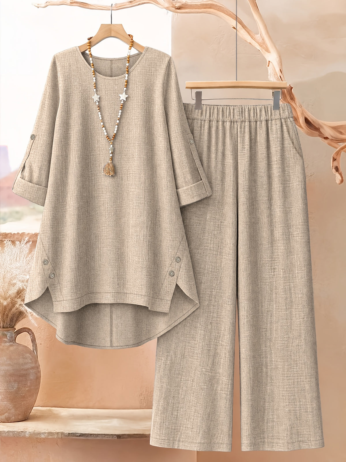 Women'S Fashion Solid Irregular Hem Design Top And Casual Wide-Leg Pants 2pcs Set, Daily Elegant - Khaki