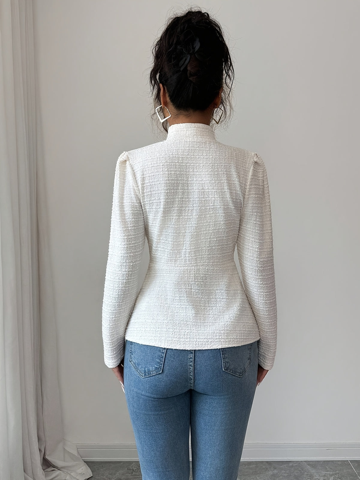 Women'S Autumn Winter Plaid Textured Stand Collar Long Sleeve Open Cardigan Jacket - White